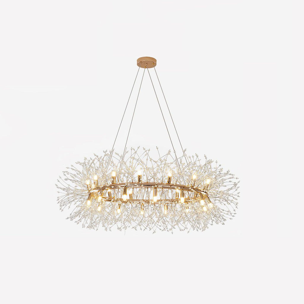 Wider view of the crystal ring chandelier on white, showing more lamps spaced around the gold circle.