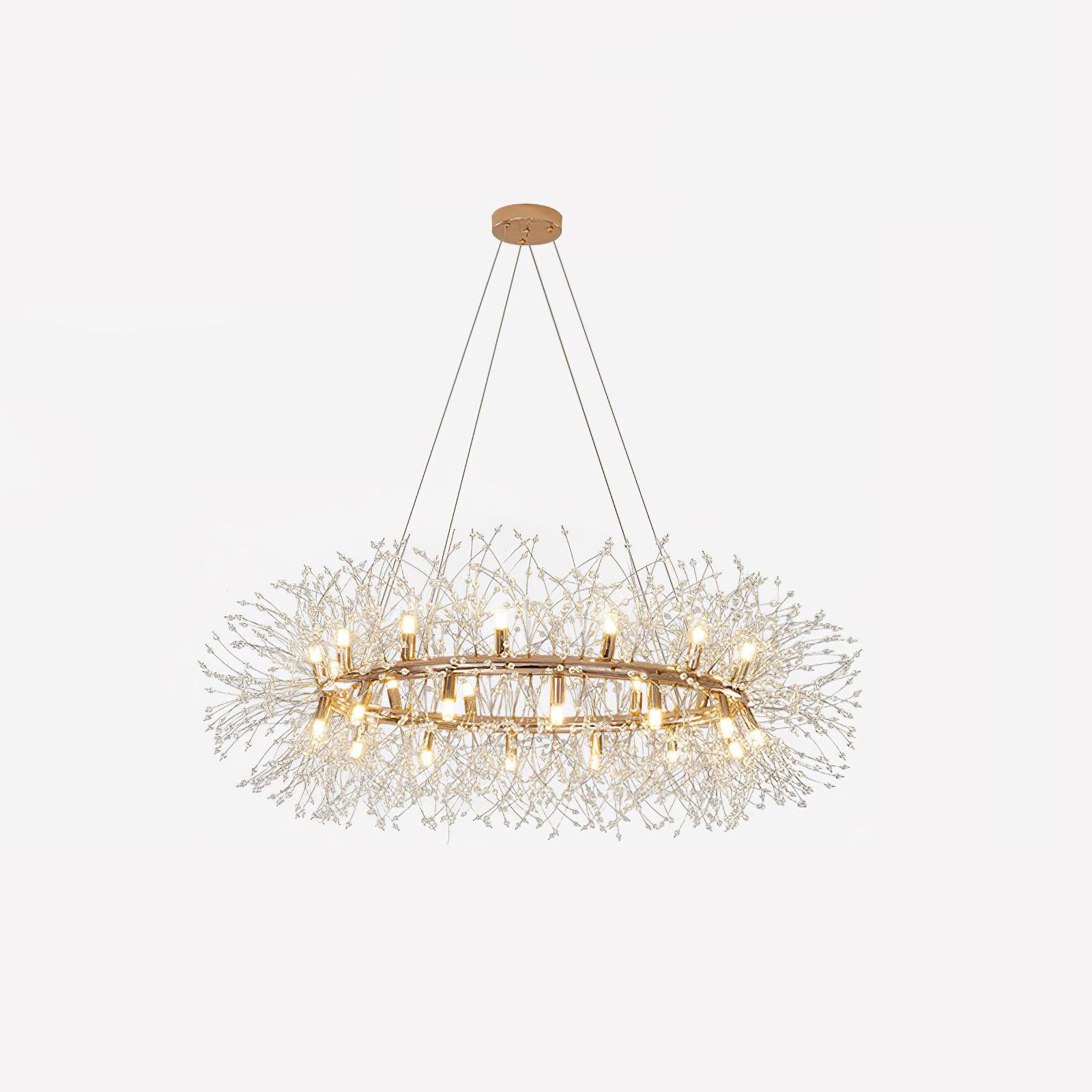 Wider view of the crystal ring chandelier on white, showing more lamps spaced around the gold circle.