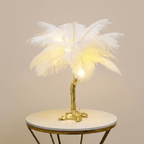 Bordlampe med skærm af strudsefjer, base i harpiks, trefarvet LED, 18 tommer