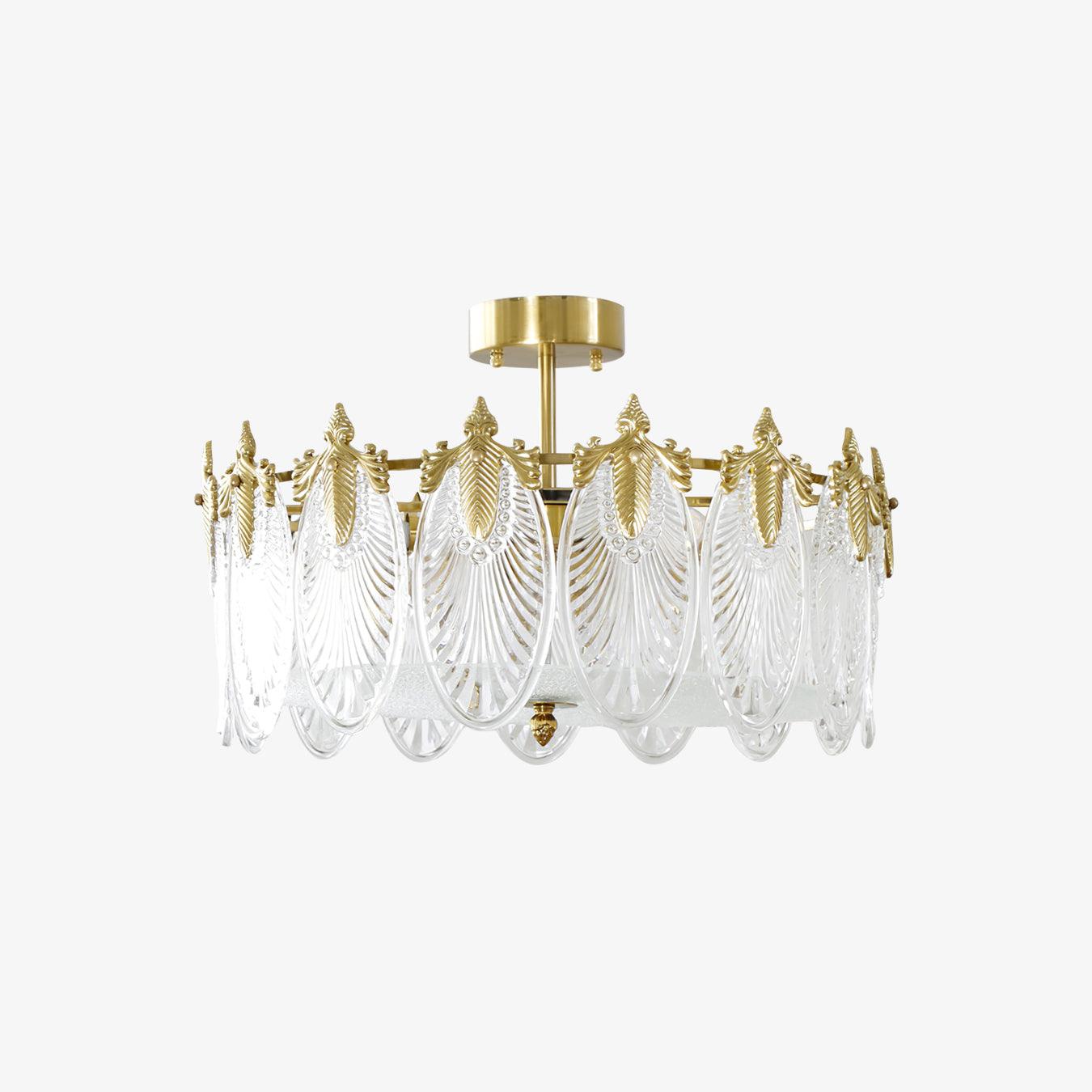 Glass petal chandelier lit, translucent petals glimmering