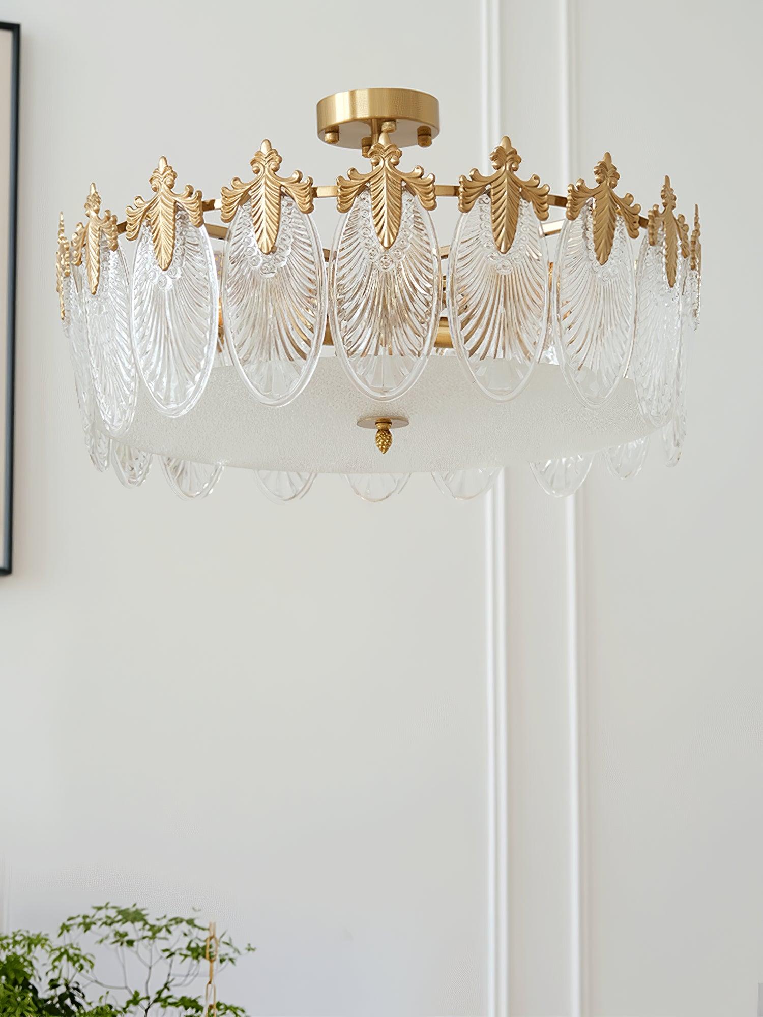 Copper-framed glass petal chandelier shown from a low angle