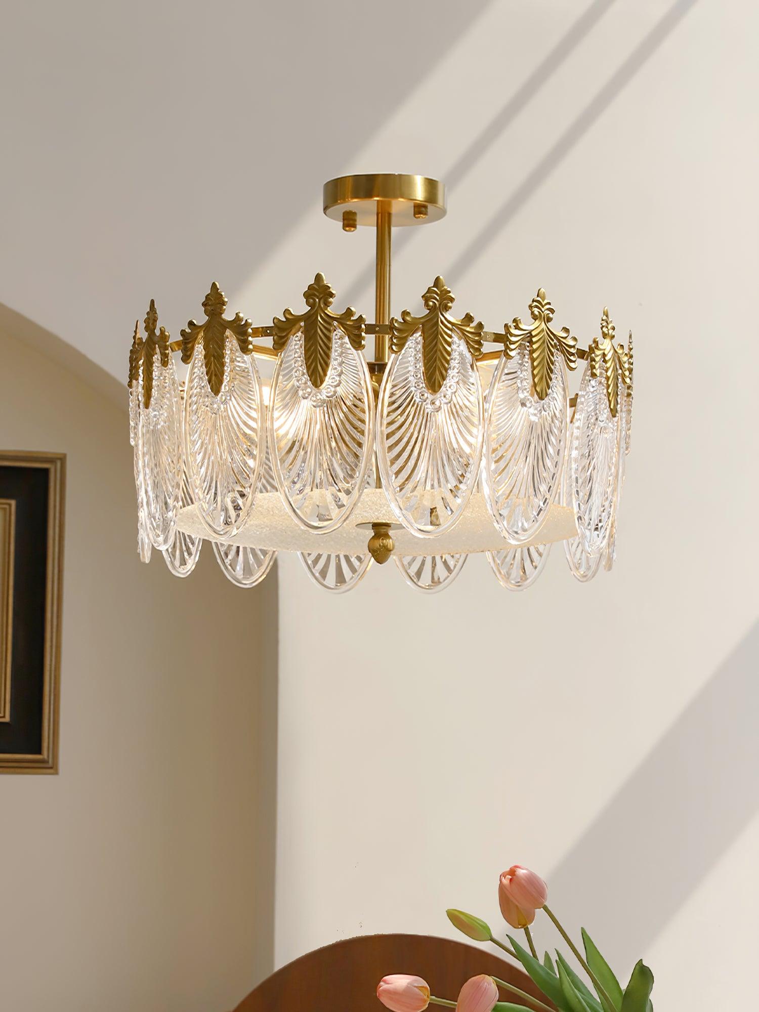 Glass petal chandelier with translucent petals shown up close