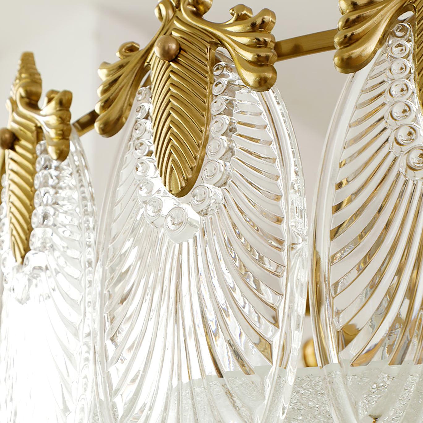 Glass petal chandelier casting refracted light in a bright room
