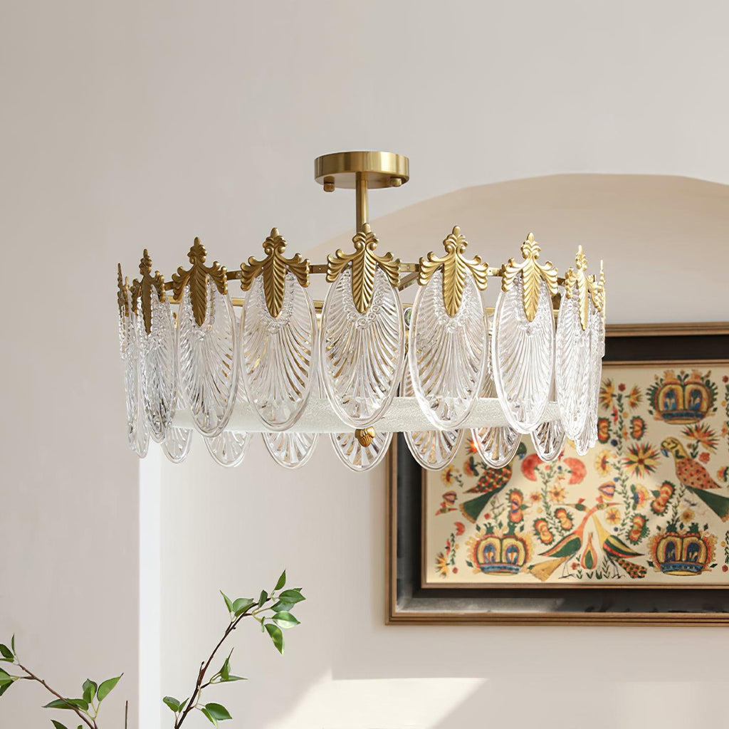 Glass petal chandelier lit, light refracting through translucent petals