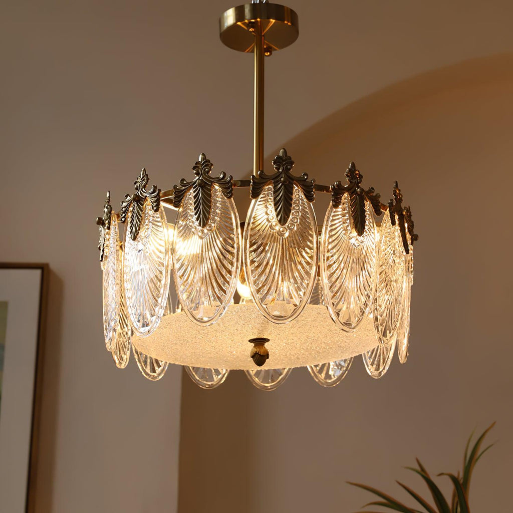 Glass petal chandelier glowing softly as an ambient feature