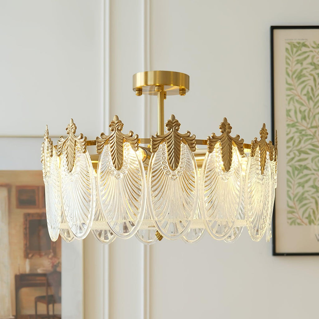 Six-head glass petal chandelier glowing above a table