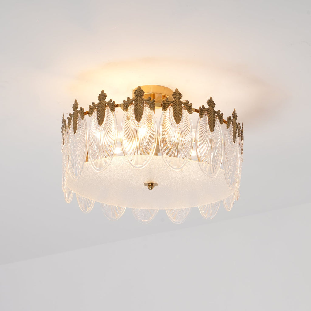 Glass petal chandelier glimmering above a living space