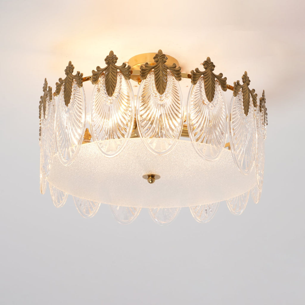 Glass petal chandelier shown unlit, copper frame and clear petals visible