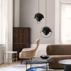 Multi-Lite pendant light arranged for sculptural indirect light in a living space