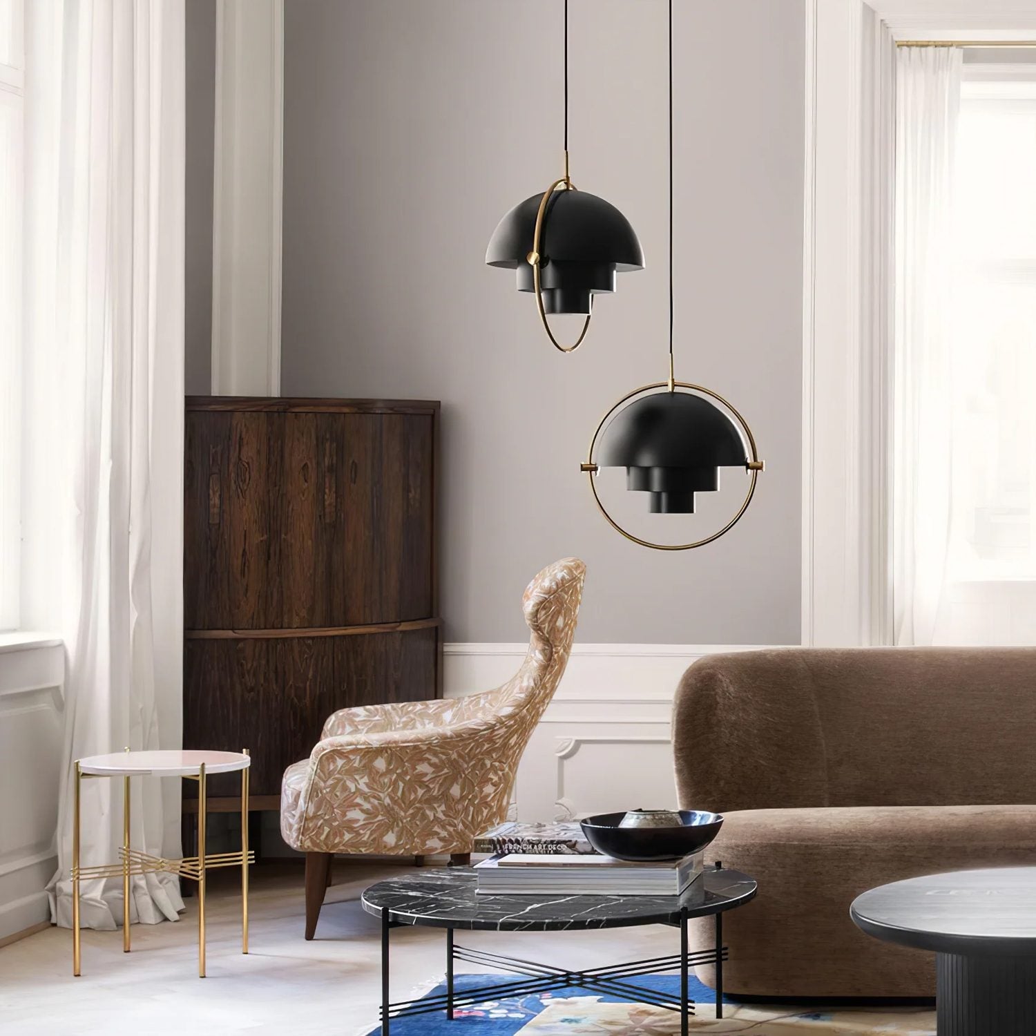 Multi-Lite pendant light arranged for sculptural indirect light in a living space