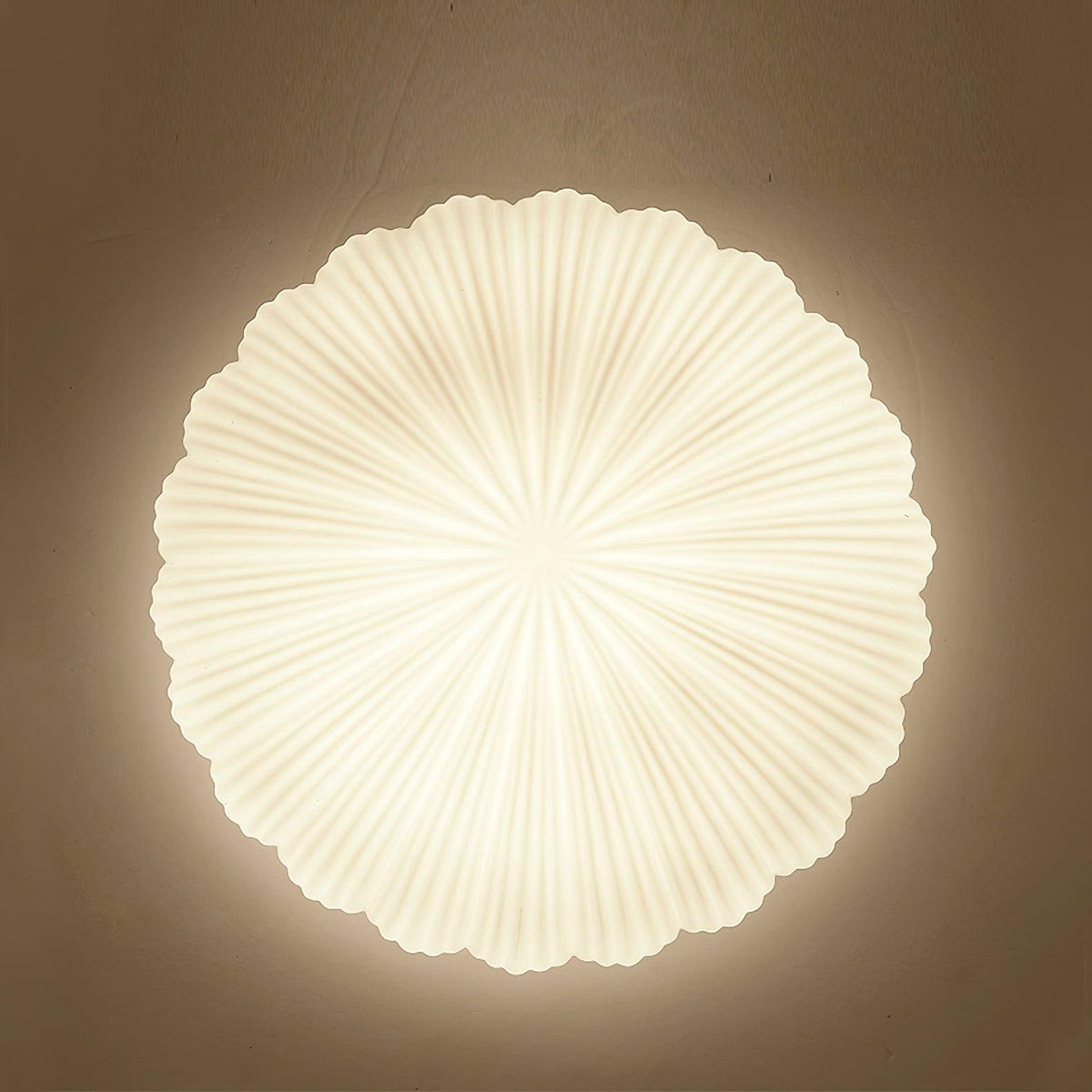 Close frontal view of the radiating ribs on this Clérachic ceiling light, glowing warm against a brown wall.
