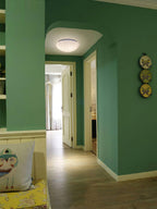 Small in the distance, this Clérachic ceiling light glows warm white in a hallway with green-painted walls.