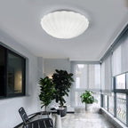 Above a sunlit room with potted plants and tall windows, this Clérachic flush-mount light sits unlit on the ceiling.