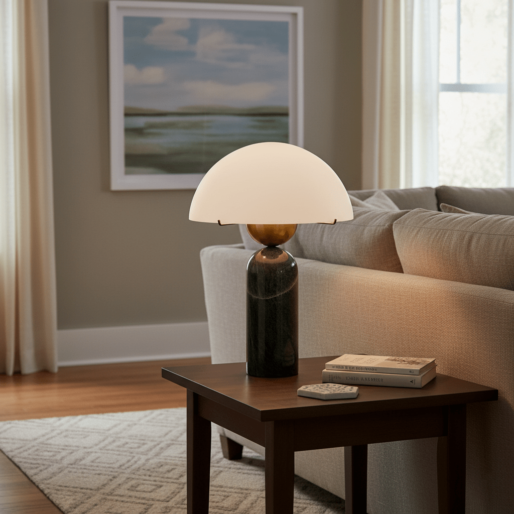 Next to a beige sofa, a Clérachic dome table lamp with a glossy black marble base glows on the side table.