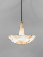 The pendant on grey, shown at full drop with its slim dark rod above the conical stem and bowl.