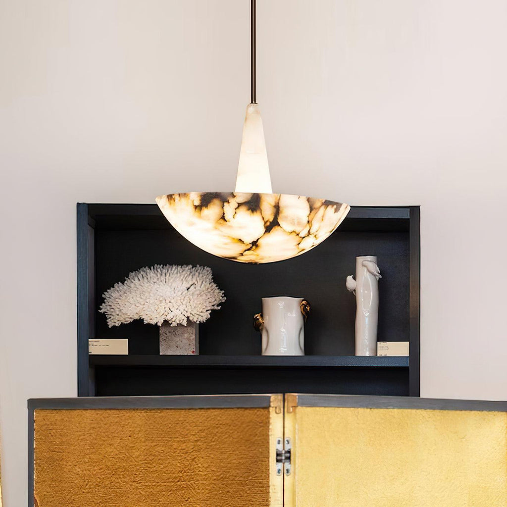 The pendant lit above a black display shelf holding coral and ceramics, against a pale wall.