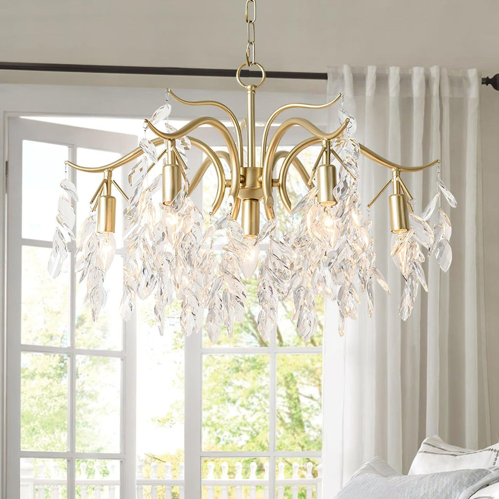 Lit beside a bedroom window with white curtains, the crystal leaves catching the daylight.