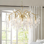 Lit beside a bedroom window with white curtains, the crystal leaves catching the daylight.