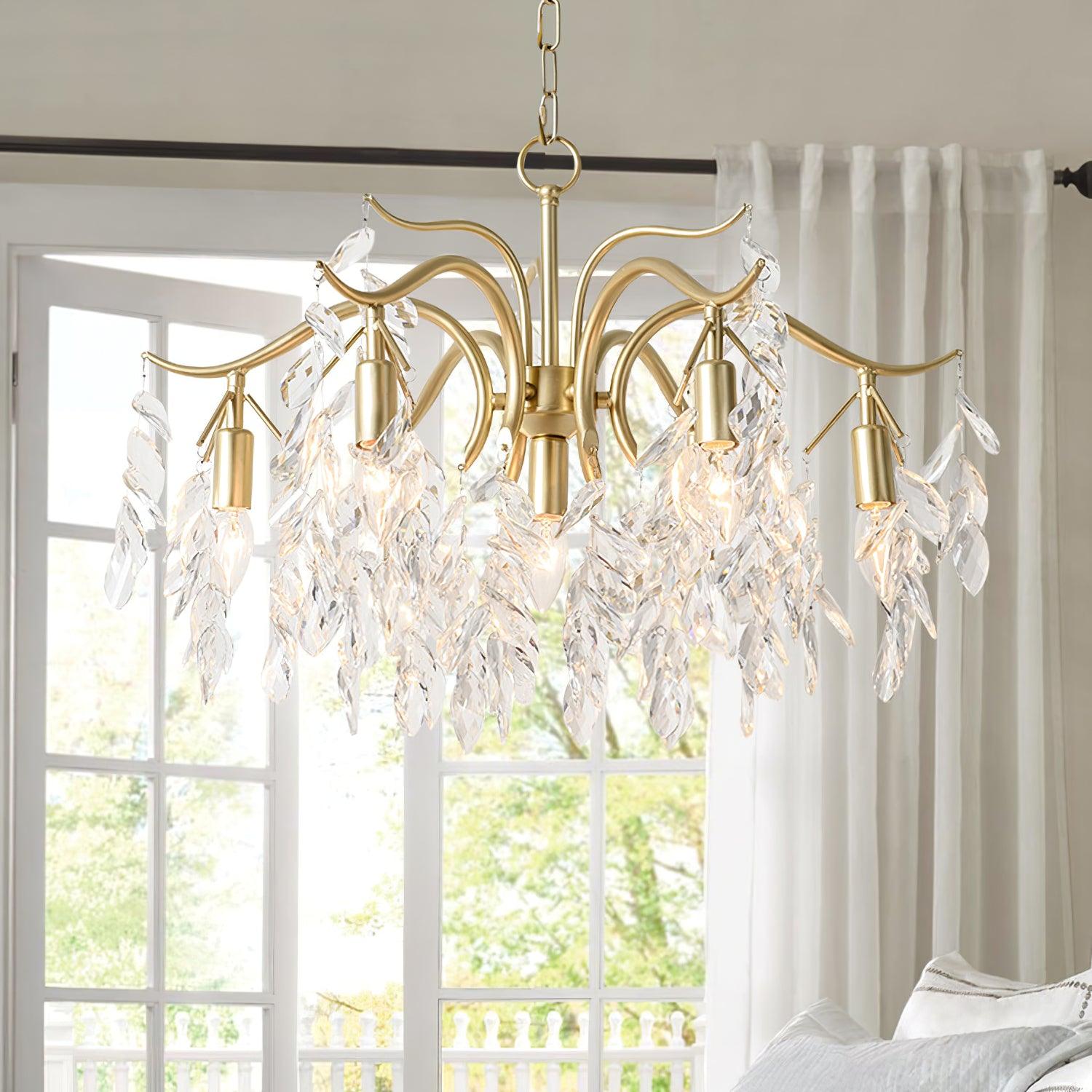Lit beside a bedroom window with white curtains, the crystal leaves catching the daylight.