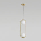 Suspension, globes en verre doublement givrés, cadre ovale en fer doré