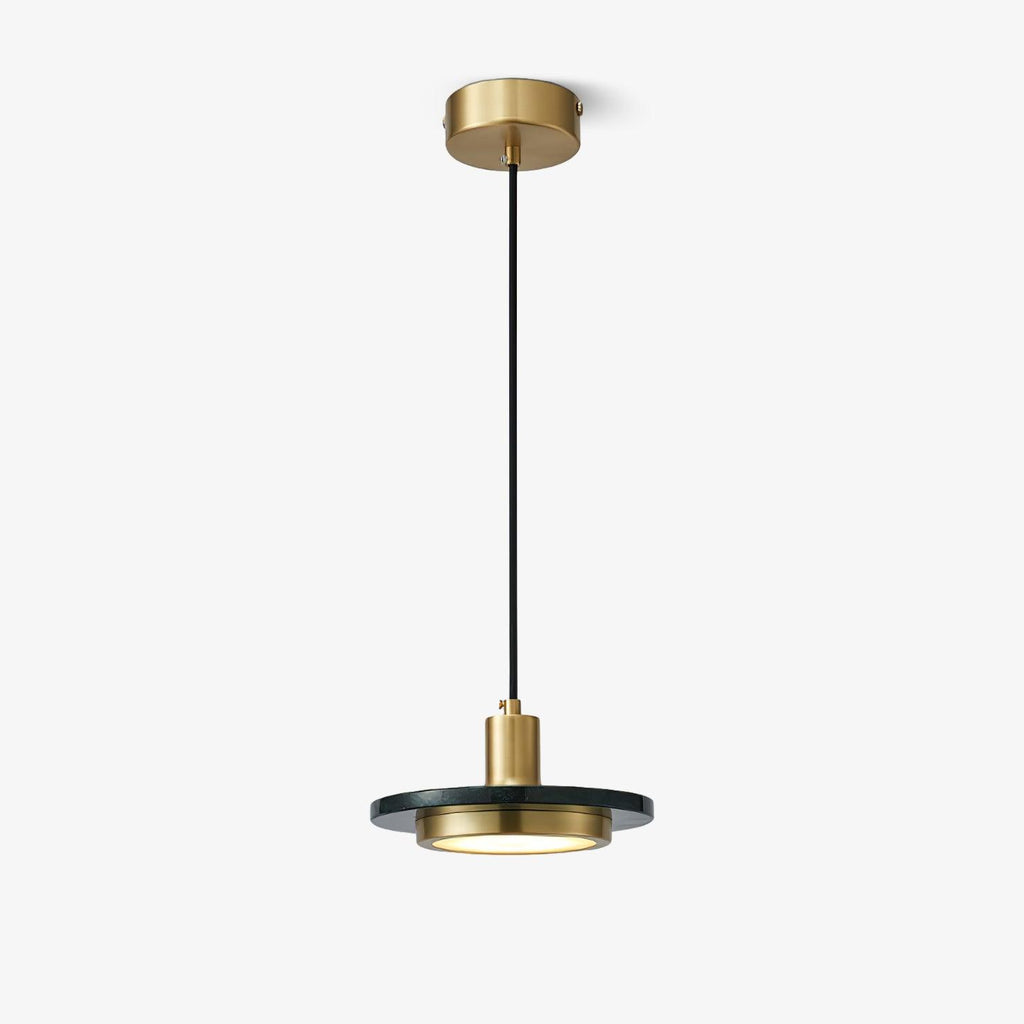 A Clérachic pendant light on white, showing its gold ceiling cap, black cord and black-and-gold shade.