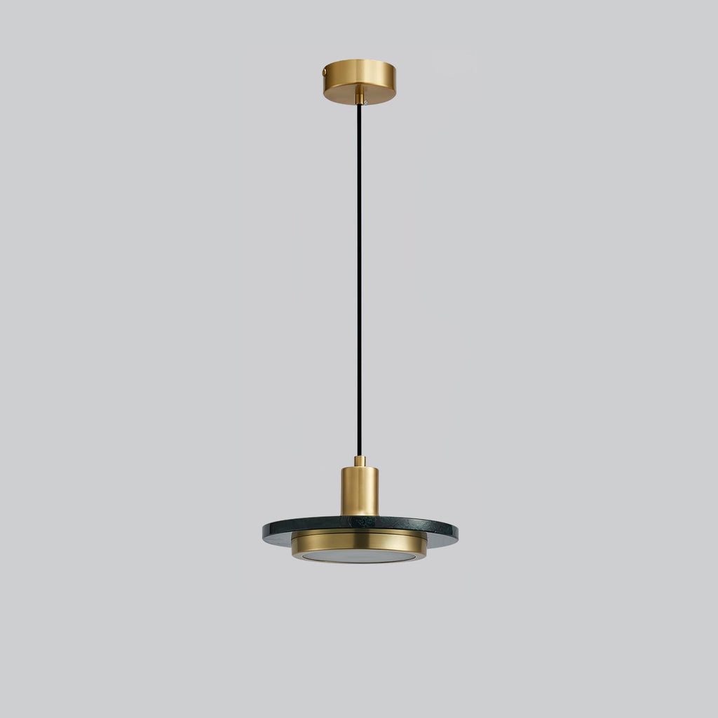 Dark stone disc pendant suspended on a long cord against a plain grey backdrop, the whole drop shown top to bottom for this Clérachic light.