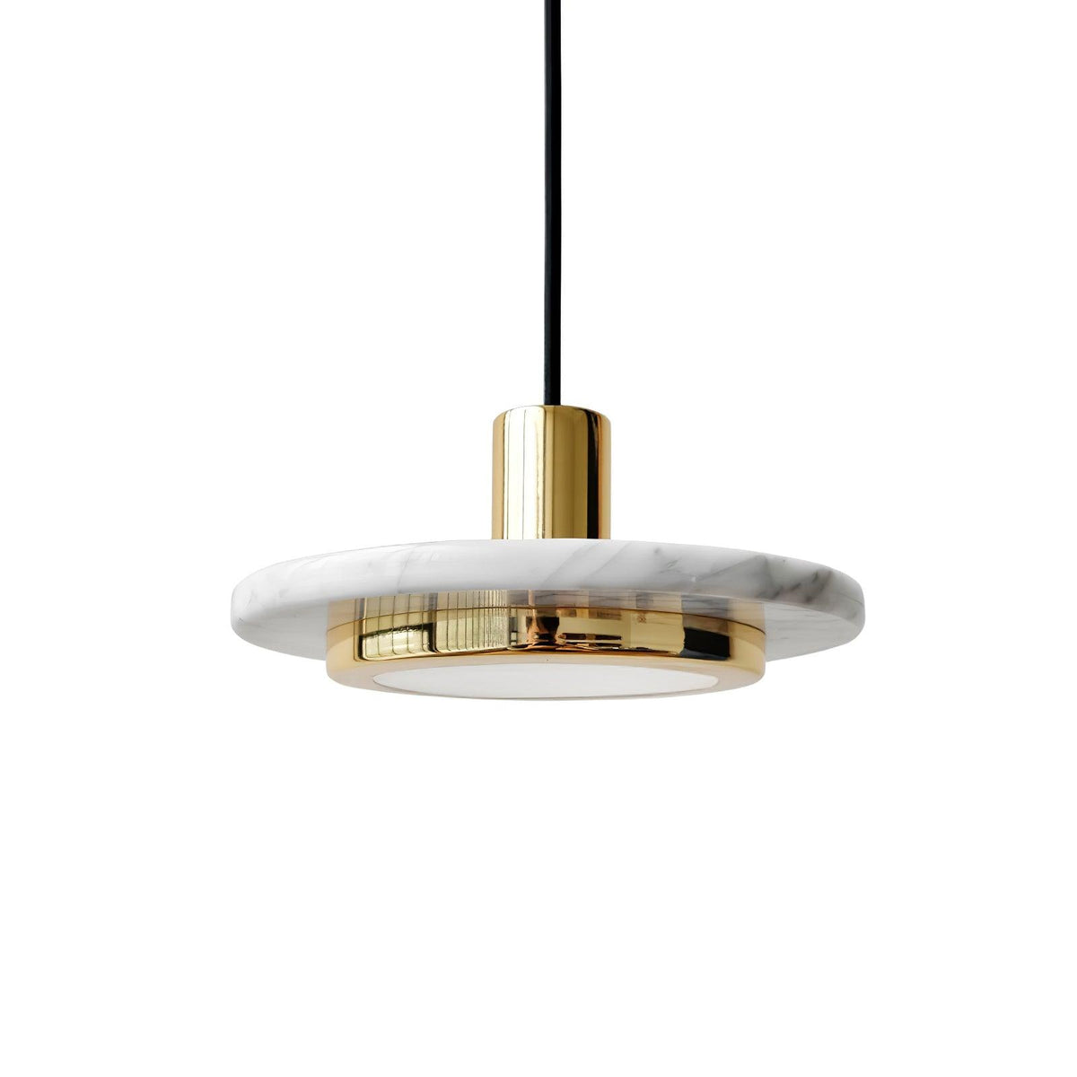 Close-up of a white marble Clérachic pendant light, showing its gold socket and glowing LED disc beneath.