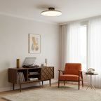 Swing-arm ceiling lamp with acrylic shade in a styled room