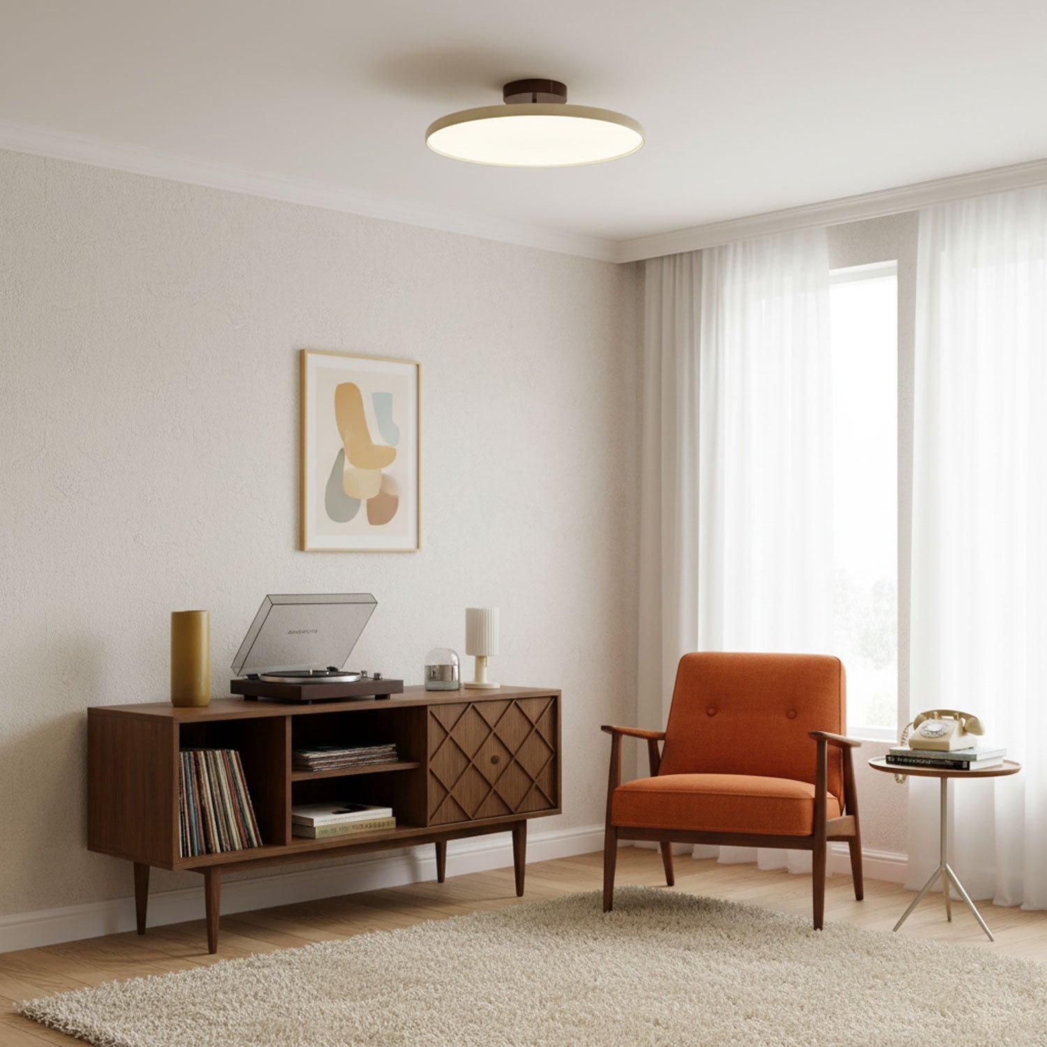 Swing-arm ceiling lamp with acrylic shade in a styled room