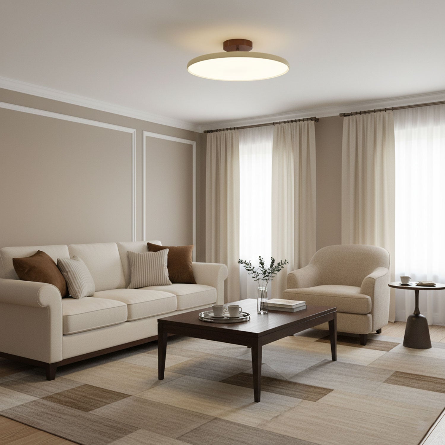 Adjustable ceiling lamp glowing warm above a living space