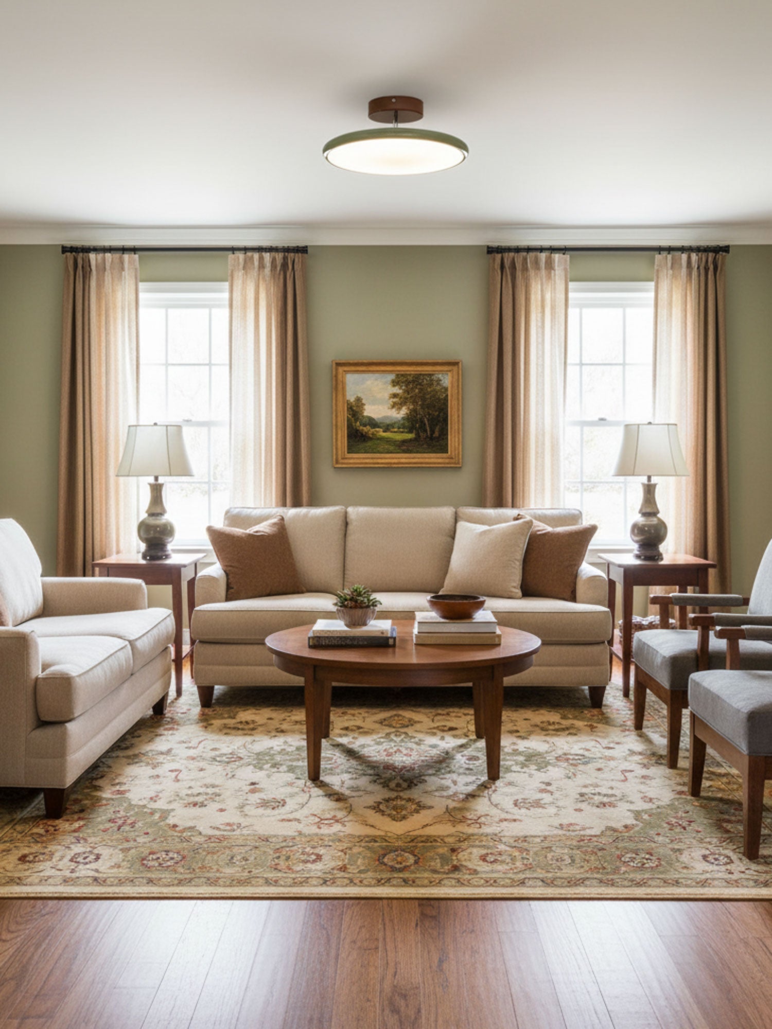 Adjustable ceiling lamp directing warm light in a modern space