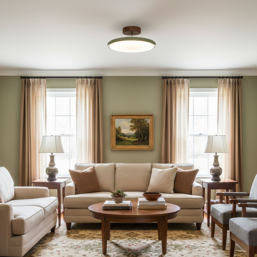 Adjustable ceiling lamp aimed across a warmly lit interior