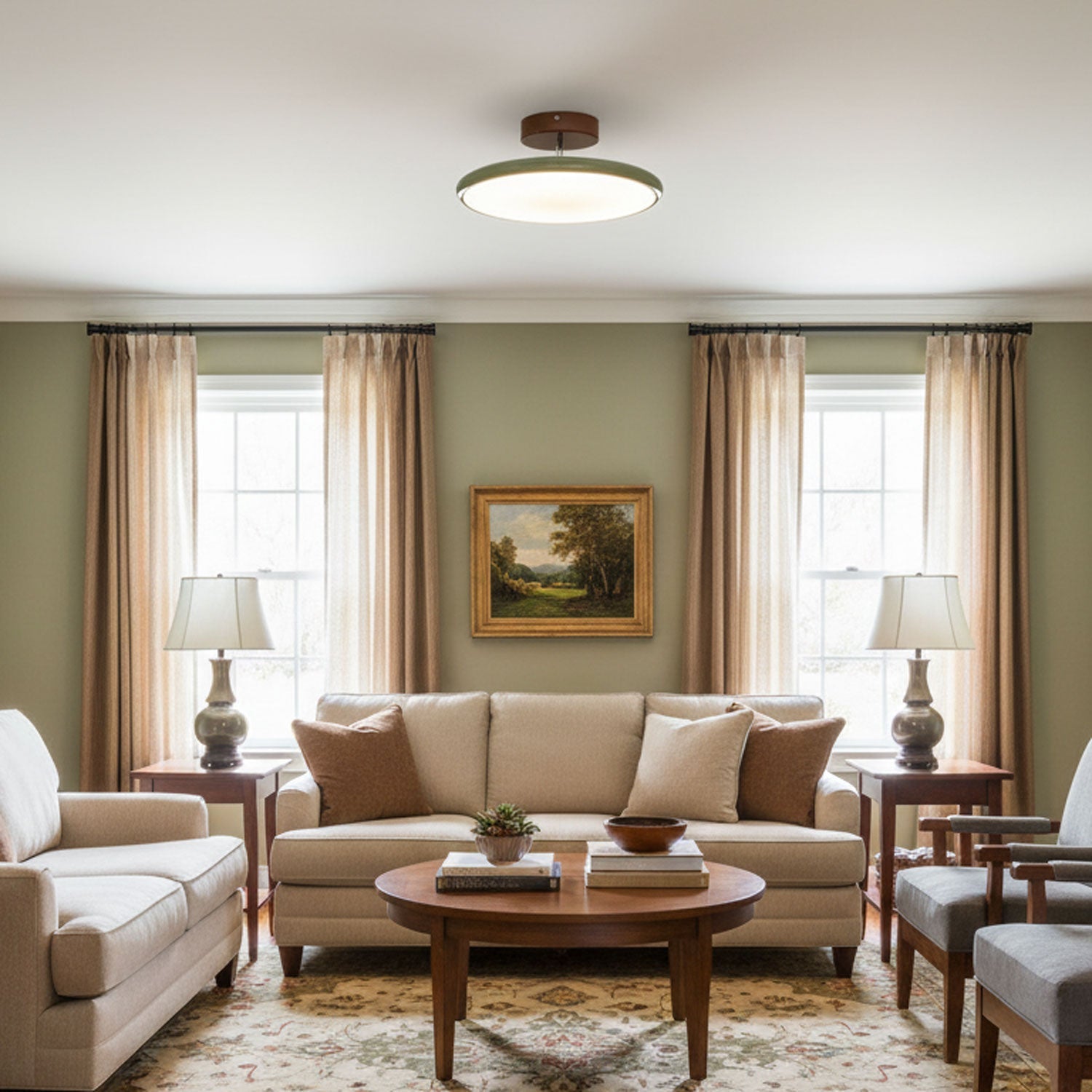 Adjustable ceiling lamp aimed across a warmly lit interior