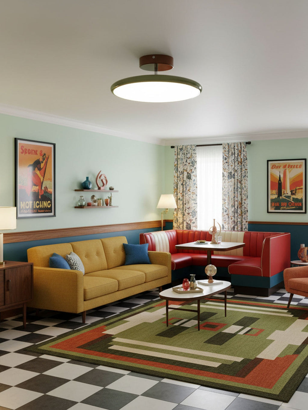Round ceiling lamp on adjustable arm over a seating area