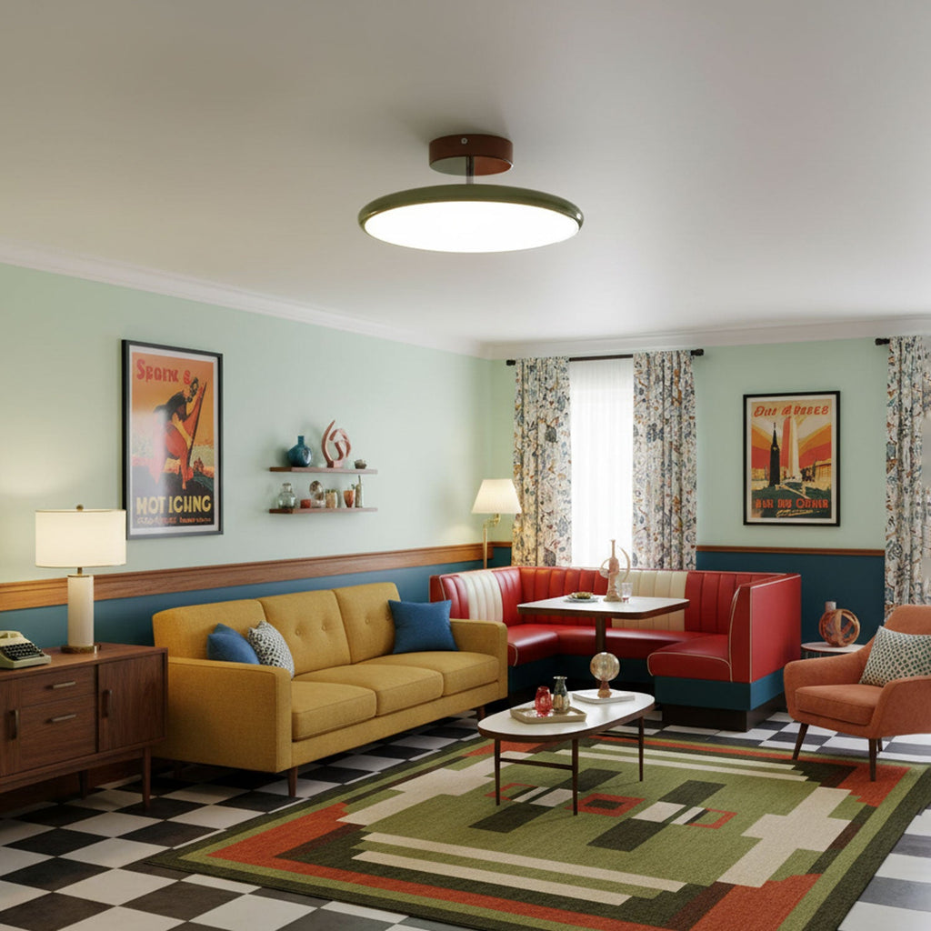 Swing-arm ceiling lamp glowing softly in a furnished room