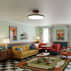 Swing-arm ceiling lamp glowing softly in a furnished room