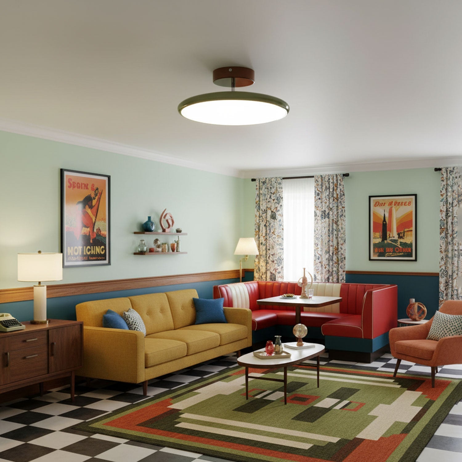 Swing-arm ceiling lamp glowing softly in a furnished room