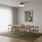 Round acrylic ceiling lamp angled over a living area