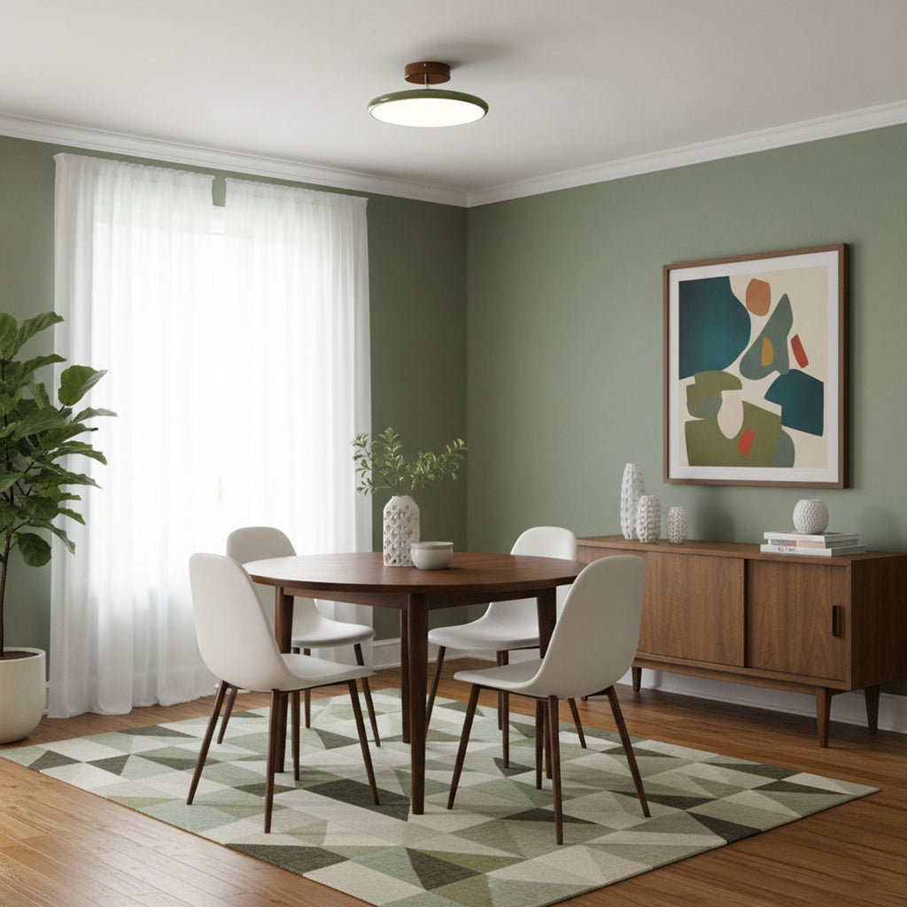Swing-arm ceiling lamp with round shade in a cozy room