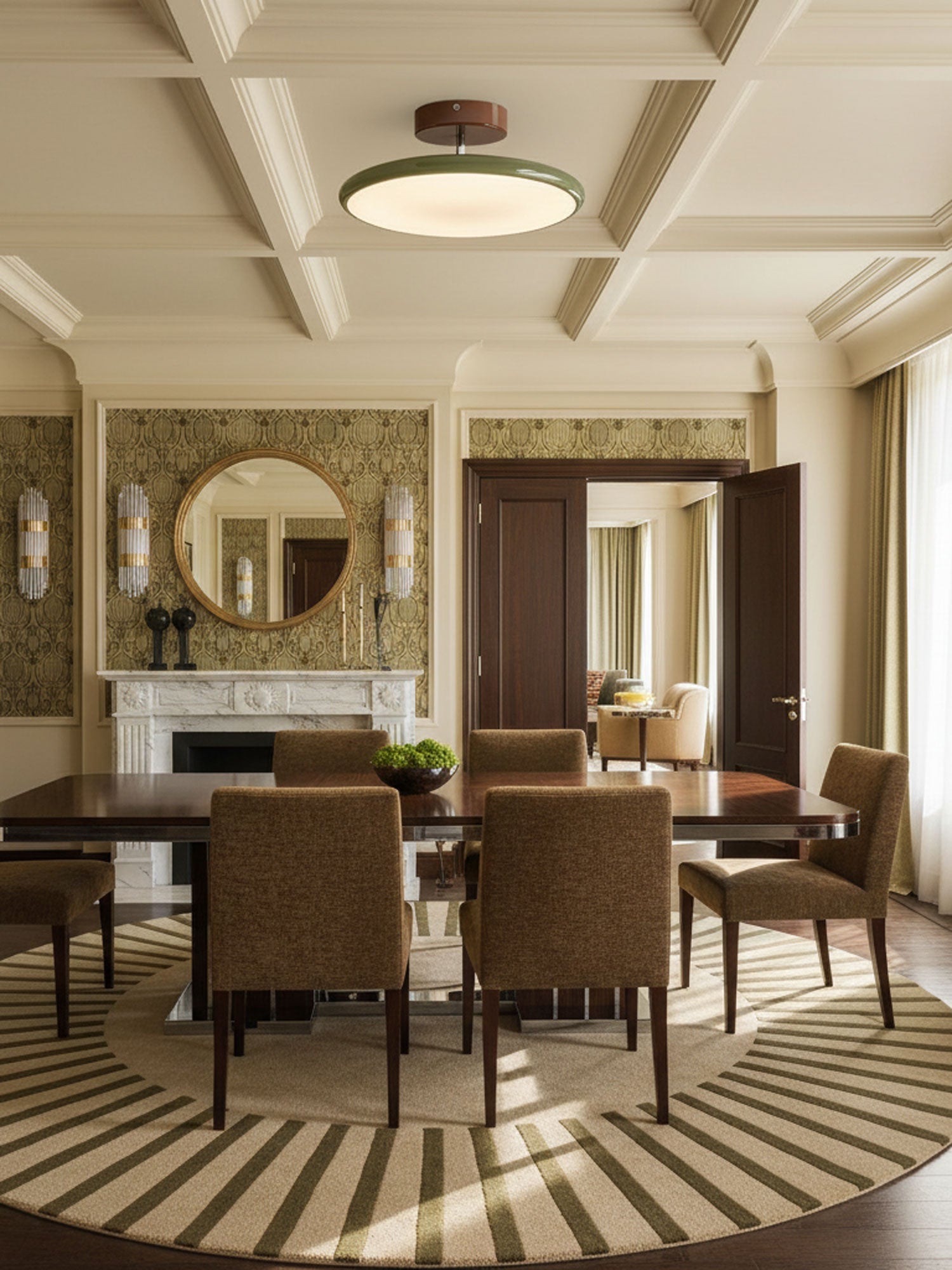 Round swing-arm ceiling lamp lighting a warm interior space