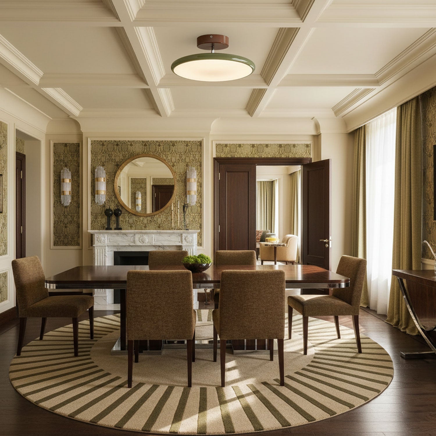 Adjustable ceiling lamp casting warm light across an interior