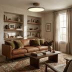 Swing-arm ceiling lamp in beige finish on plain background