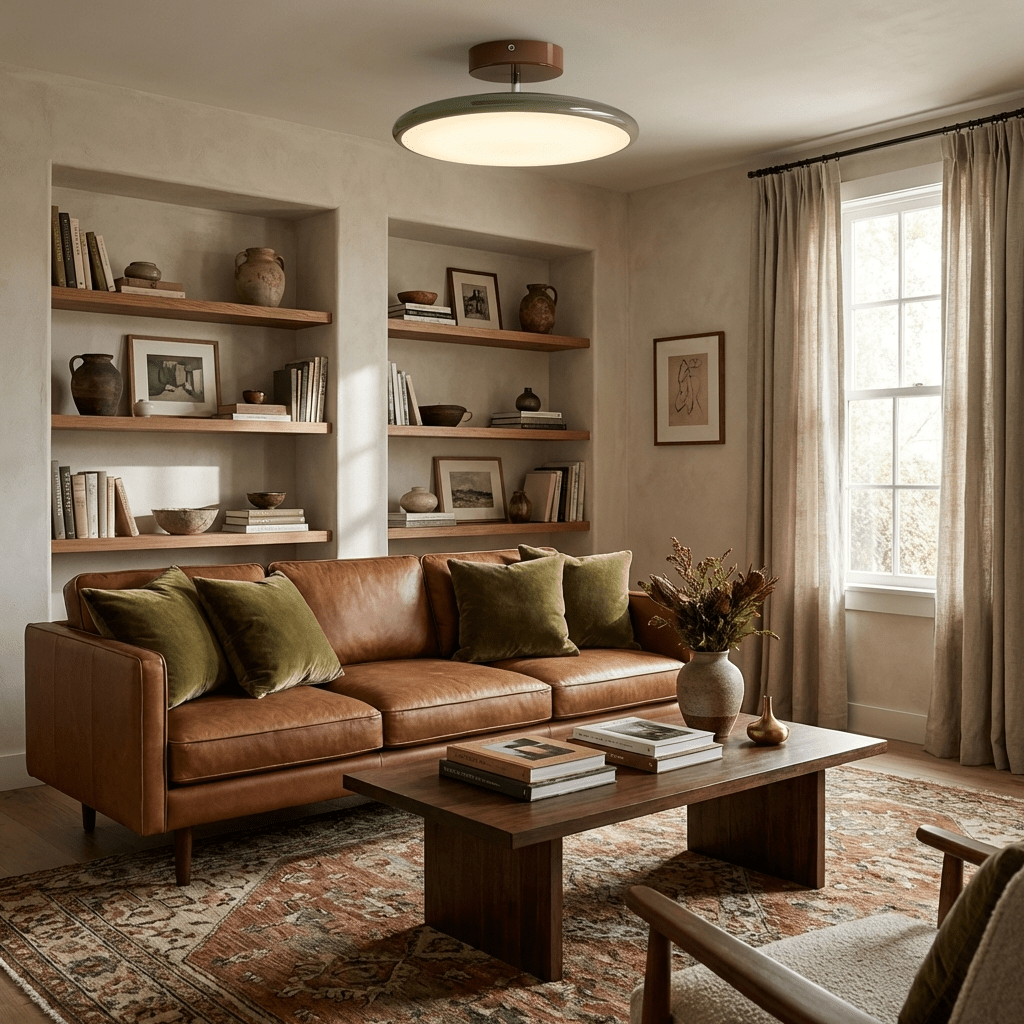 Swing-arm ceiling lamp in beige finish on plain background