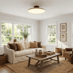 Swing-arm ceiling lamp with round shade, studio product photo