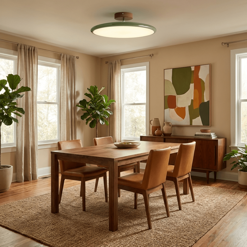 Round ceiling lamp on adjustable arm shown from the side
