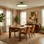 Round ceiling lamp on adjustable arm shown from the side