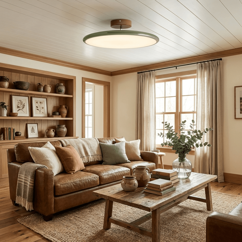 Adjustable ceiling lamp with metal arm and round shade on white