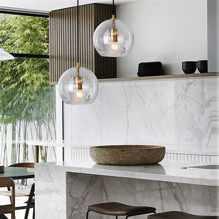 Suspension, design globe en verre, abat-jour à double couche côtelée, chute de 12 pouces