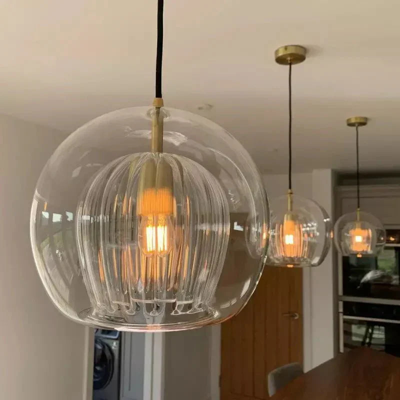 Suspension, design globe en verre, abat-jour à double couche côtelée, chute de 12 pouces