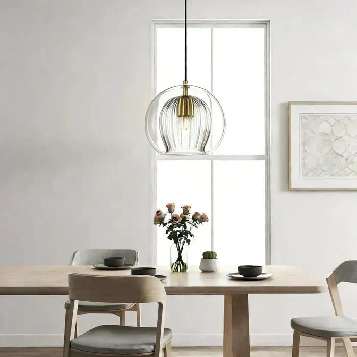 Suspension, design globe en verre, abat-jour à double couche côtelée, chute de 12 pouces